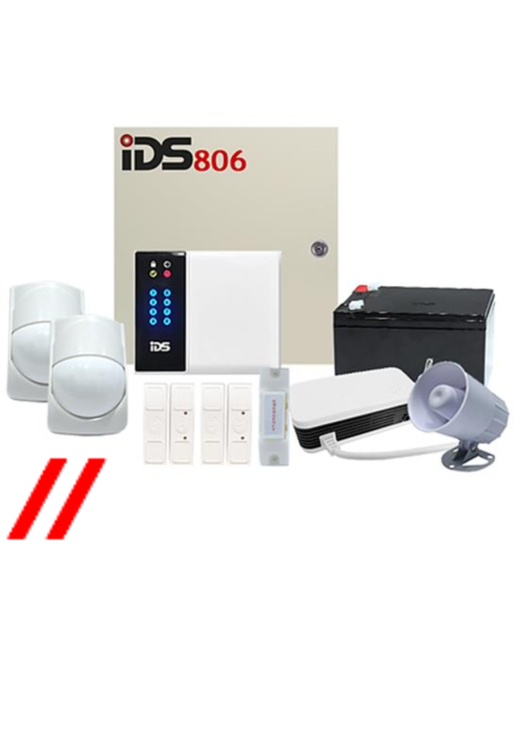 , wall mount transformer, siren, 12v 7ah battery, optex rx saver pirs, magnetic switches, and fixed panic buttons.bv